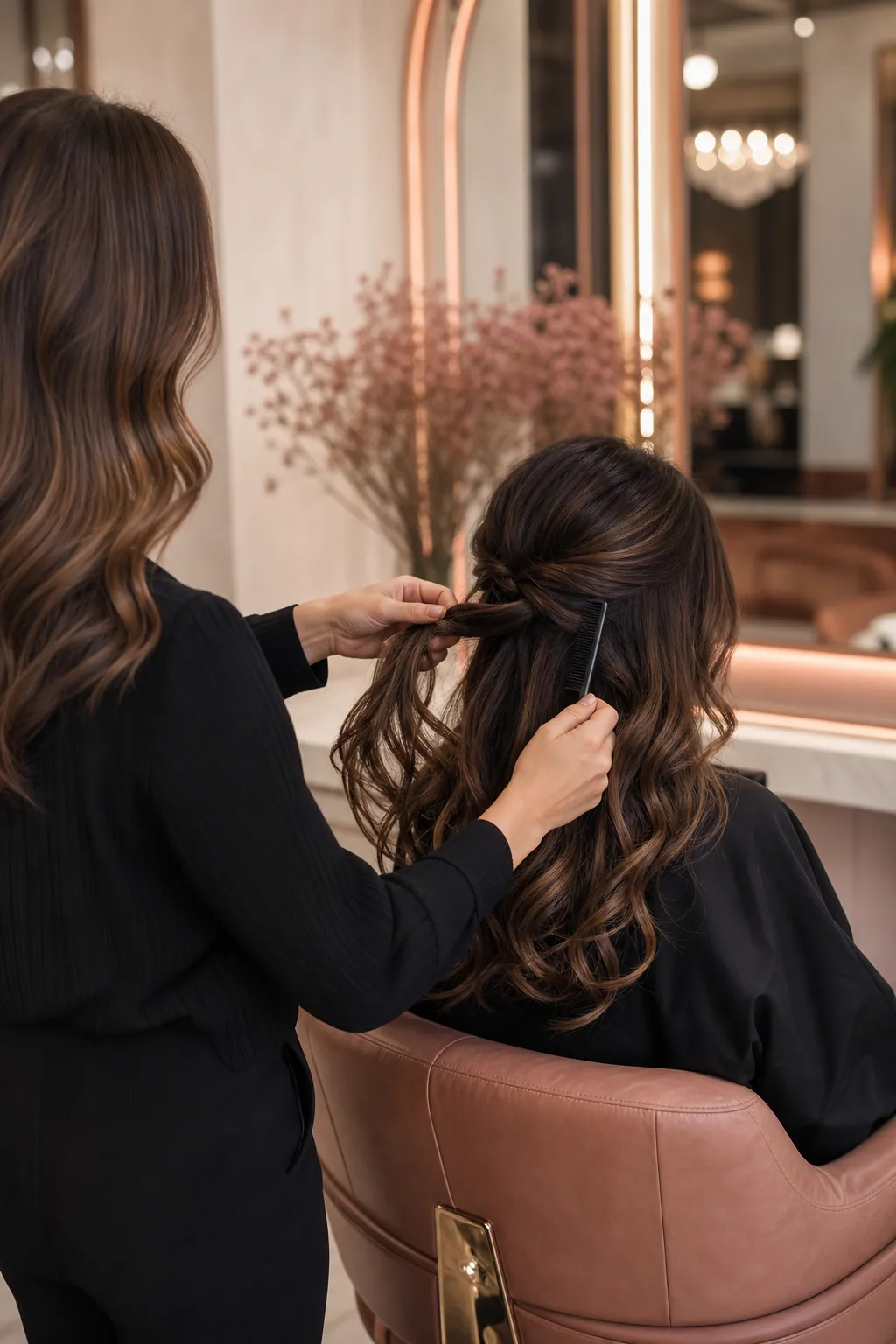 Stylist styling freshly cut hair in an elegant salon