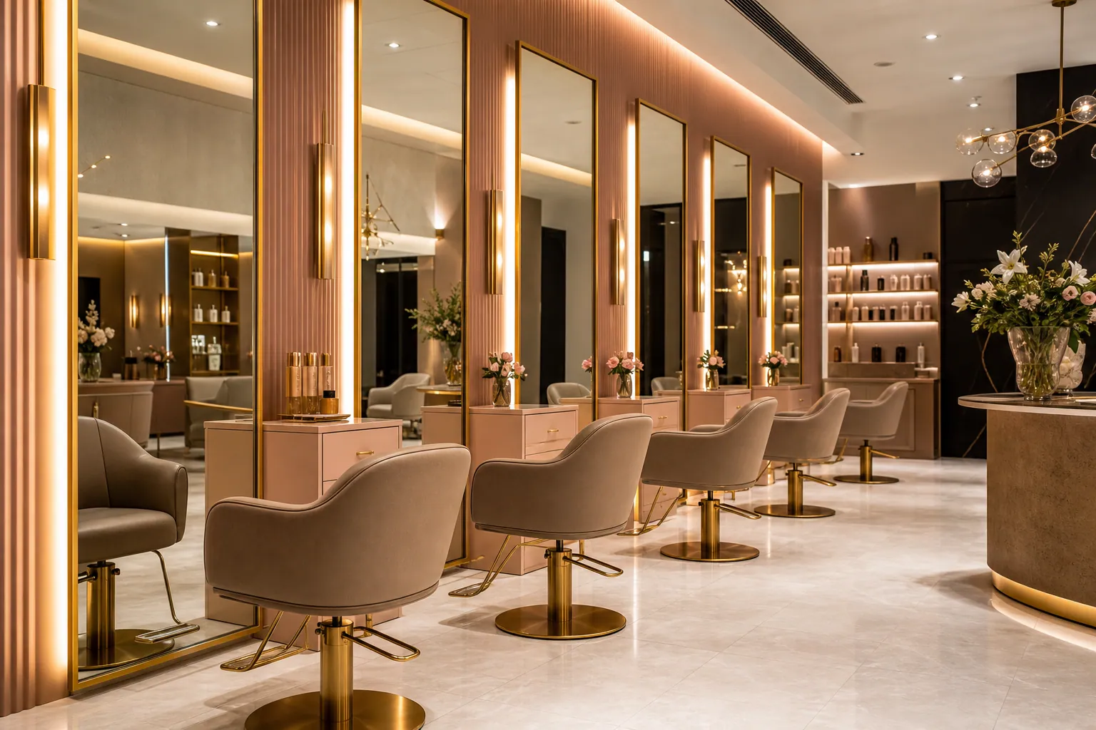 Elegant, calm salon interior with soft lighting